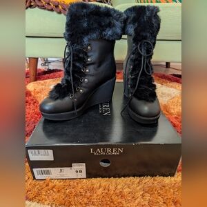 Lauren Ralph Lauren Black Fur-Trimmed Wedge Boots